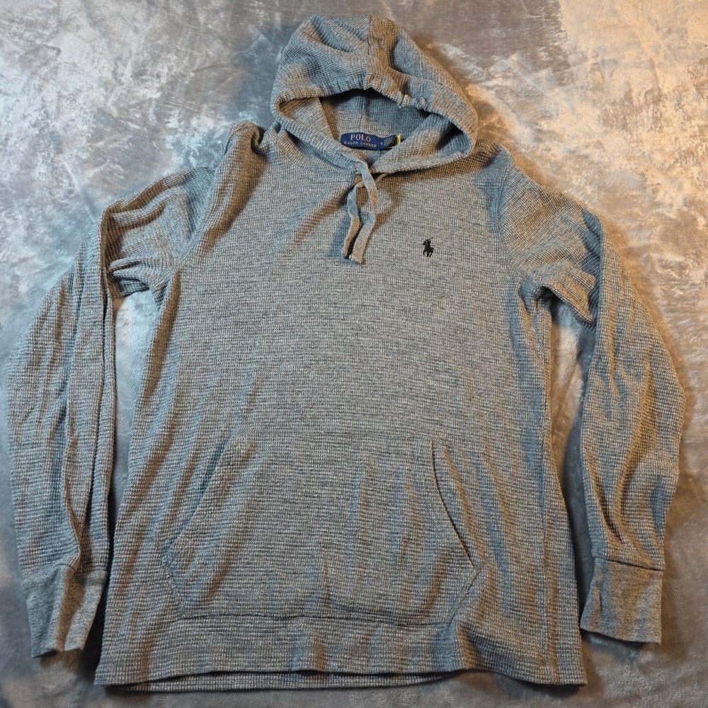 Polo Ralph Lauren Waffle Knit Thermal Hoodie Men M Gray Kangaroo Pocket